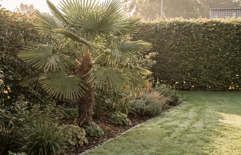 Ausgepflanzte Hanfpalme im Garten vor einer Hecke